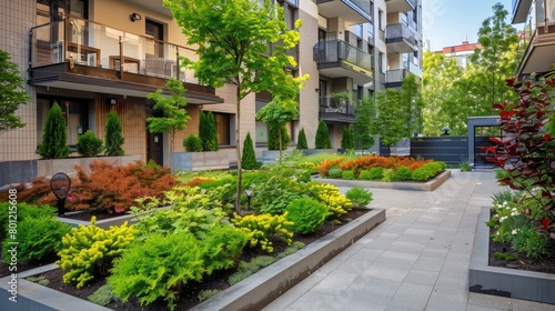 Residential building courtyard transformed into a green space with trees  shrubs  and flower beds  enhancing the community ambiance.