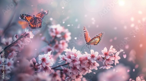 Serene Spring Beauty: Pink Sakura Blossoms and Fluttering Butterflies in a Peaceful Landscape, Capturing Nature's Delicate Charm © JINGWEN