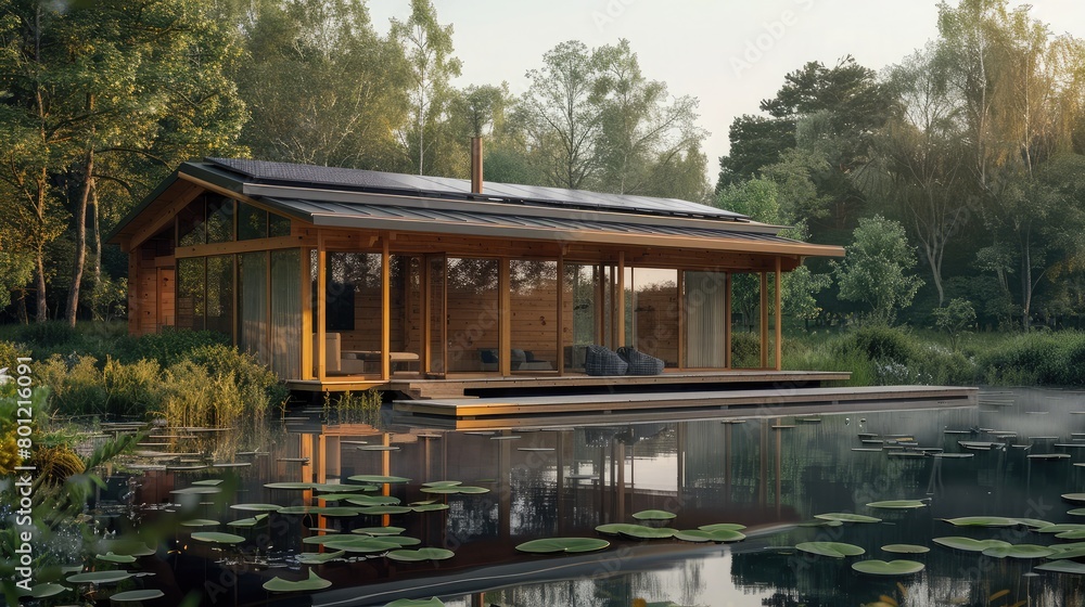 Off-grid timber house in the countryside, powered by renewable energy and blending harmoniously with the environment. Off-grid timber house in the countryside, powered by renewable energy and blending harmoniously with the environment.