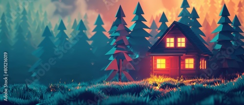 Create a 3D rendering of a cozy cabin in the woods