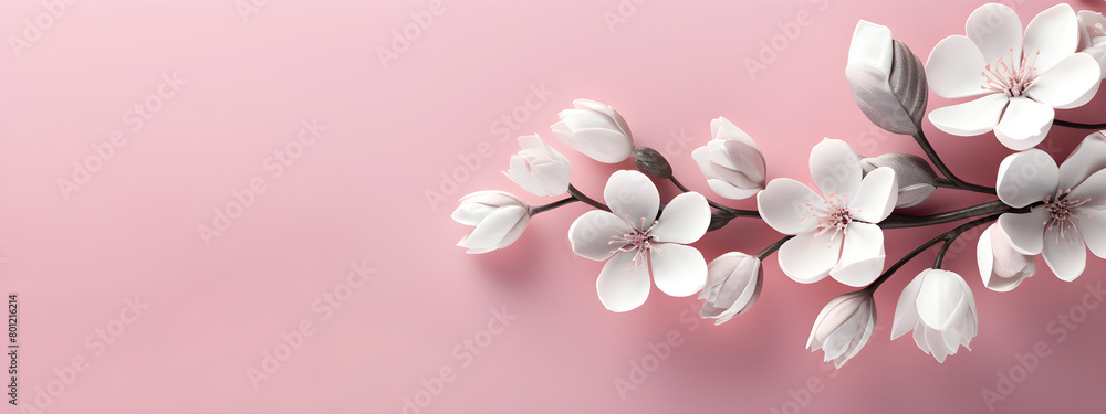 Banner with spring flowers on pink background with copy space. Template for Valentine's day, wedding, International Women's Day, Mother's Day. 
Flat lay springtime border. Hanami Hana Matsuri festival