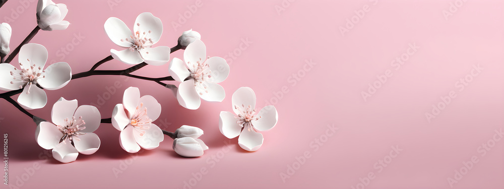 Spring flowers on pink background. Banner with with copy space. Hanami Hana Matsuri festival. Template for Valentines day, wedding, International Womens Day, Mothers Day. Flat lay springtime border. Spring flowers on pink background. Banner with with copy space. Hanami Hana Matsuri festival. Template for Valentines day, wedding, International Womens Day, Mothers Day. Flat lay springtime border.