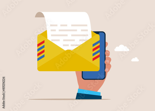 Opening email envelope holding. Writing email like professional, email communication for business negotiation, apply for new job. Flat vector illustration.