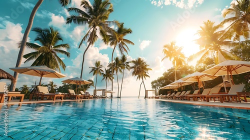 Beautiful tropical beach front hotel resort with swimming pool sun loungers and palm trees during a warm sunny day photo