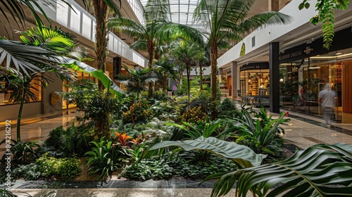 Mall atrium featuring a botanical garden with a variety of trees  palms  and ferns  providing a natural ambiance for shoppers.