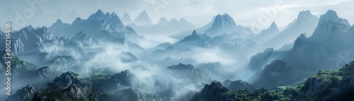 Panoramic landscape of a vast mountain range with fog and mist in the valleys. The mountains are covered in lush greenery and the sky is a light blue. photo