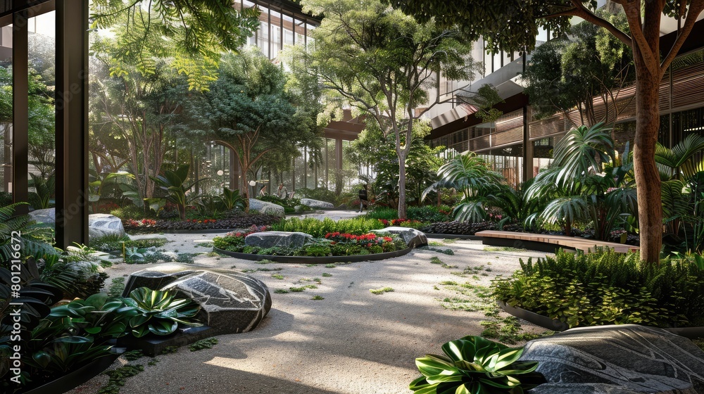 Indoor plaza with landscaped gardens and pathways, offering a serene oasis for relaxation and socializing.
