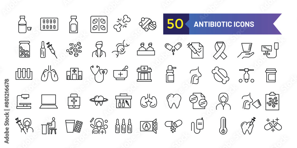 Antibiotic icons set. Outline set of antibiotic vector icons for ui design. Outline icon collection. Editable stroke. Antibiotic icons set. Outline set of antibiotic vector icons for ui design. Outline icon collection. Editable stroke.