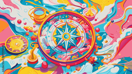 Psychedelic Nautical Compass Voyage through Surreal Sea