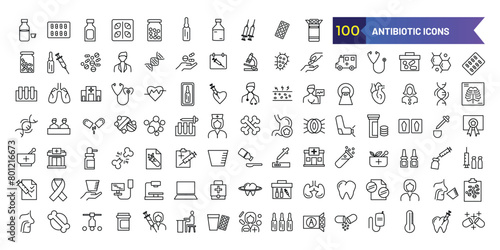 Antibiotic icons set. Outline set of antibiotic vector icons for ui design. Outline icon collection. Editable stroke.