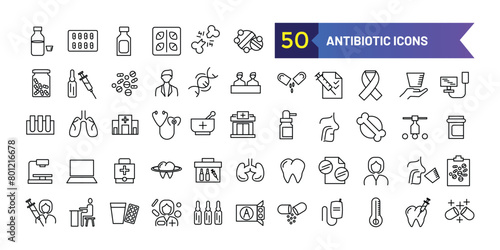 Antibiotic icons set. Outline set of antibiotic vector icons for ui design. Outline icon collection. Editable stroke.