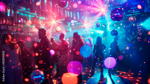 Disco party with people dancing in nightclub neon lights and mirror ball.