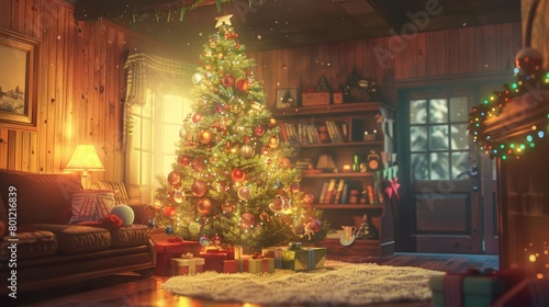 A cozy living room with a beautiful Christmas tree