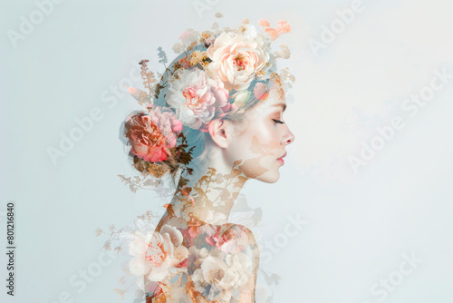 Contemporary collage portrait with flowers on woman's head. Double exposure floral art.