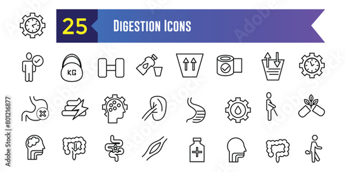 Digestion icons set. Outline set of digestion vector icons for ui design. Outline icon collection. Editable stroke.