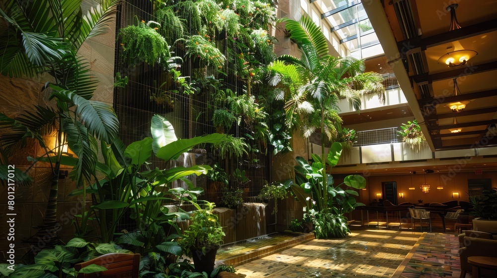 Hotel atrium adorned with tropical plants and cascading vines, welcoming guests with a lush and inviting atmosphere.