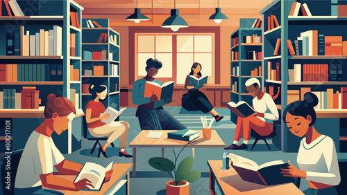 Diverse Group of People Reading in a Cozy Library Environment