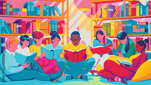 Colorful Illustration of Diverse Group Reading in Library