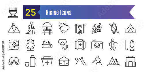 Hiking icons set. Outline set of hiking vector icons for ui design. Outline icon collection. Editable stroke.