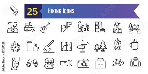 Hiking icons set. Outline set of hiking vector icons for ui design. Outline icon collection. Editable stroke.