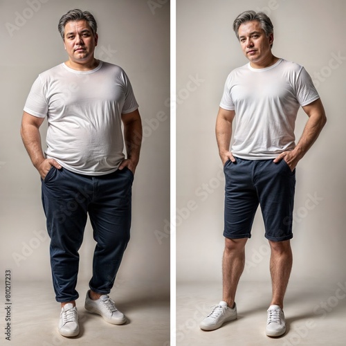 Portrait of a mature man in casual clothing before and after weight loss on a neutral beige background