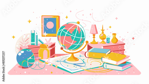 Colorful Vintage Study Desk Setup with World Globe and Books