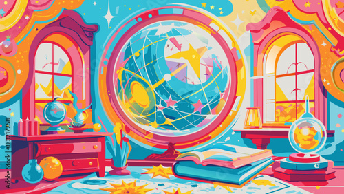 Vibrant Wizard's Chamber with Enchanting Portal and Magical Paraphernalia
