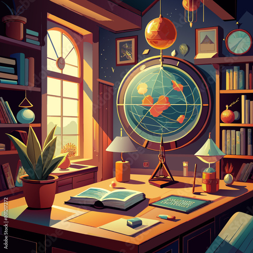 Cozy Vintage Study Room with Globe, Books and Astronomy Elements