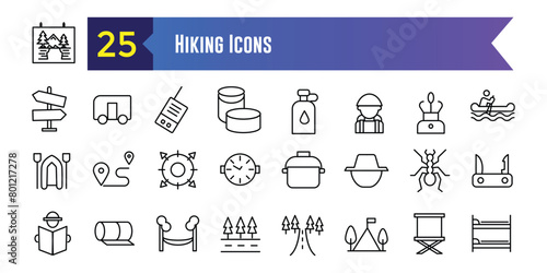 Hiking icons set. Outline set of hiking vector icons for ui design. Outline icon collection. Editable stroke.