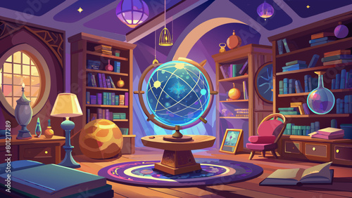 Mystical Library with Glowing Globe and Magical Artifacts