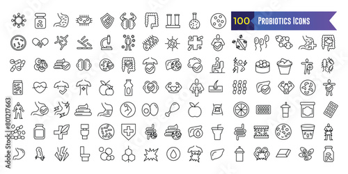 Probiotics Icons set. Outline set of Probiotics Icons vector icons for web design. Outline icon collection. Editable stroke.