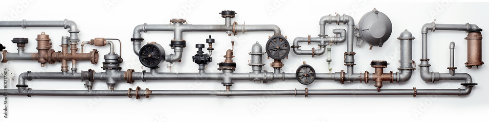 long narrow panoramic view background pipes and pipe connections isolated on white, abstract communications long narrow panoramic view background pipes and pipe connections isolated on white, abstract communications
