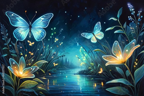 Flock of butterflies flying around flowers at night, fantasy color theme.Night magic forest with glowing fireflies and butterflies over mystic purple pond under trees. Nature wood landscape with moonl