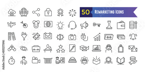 Remarketing icons set. Outline set of remarketing vector icons for ui design. Outline icon collection. Editable stroke.