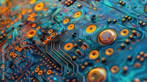 The image is of a close-up of a circuit board. The colors are blue, orange, and yellow. The image is very detailed and shows the intricate patterns of the circuit board.