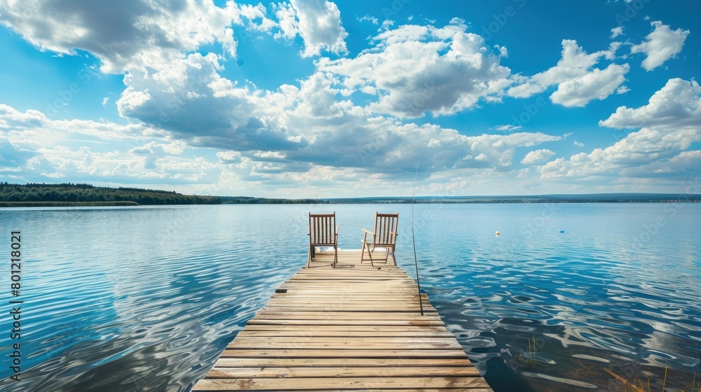 Landscape with a long wooden pier with chairs for fishing and relaxing enjoying the lake view