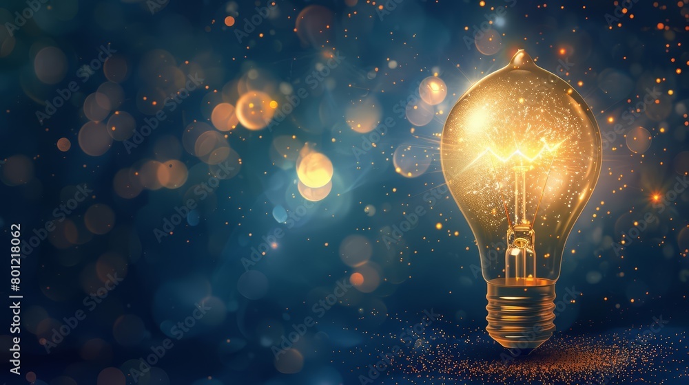 A glowing light bulb on a dark blue background. A glowing light bulb on a dark blue background.