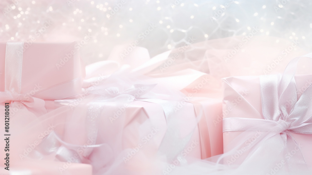 christmas gifts in boxes with ribbons delicate soft light pink pastel background new Year greeting card christmas gifts in boxes with ribbons delicate soft light pink pastel background new Year greeting card