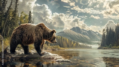 A grizzly bear walking in a river with a mountain in the background