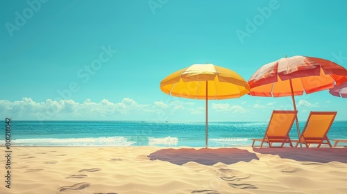 Two beach chairs and two umbrellas are sitting on the beach. The ocean is calm and blue. The sky is blue and there are white clouds. The sand is white and soft.