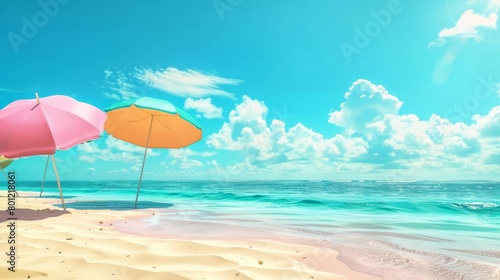 A beautiful beach with crystal clear water and white sand. Pink, blue and green beach umbrellas are on the beach.