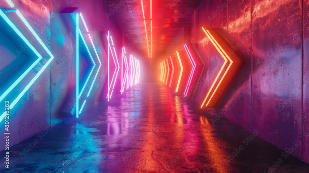 A vibrant image showcasing a collection of neon lit arrows pointing in the same direction, with one distinct arrow different