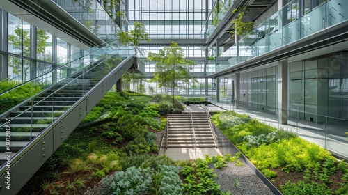 Corporate headquarters with indoor arboretums and green roofs, showcasing a commitment to sustainability and biophilic design.