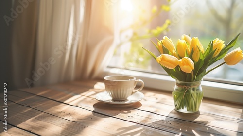 Sunny breakfast nook with tulips and coffee. #801218242