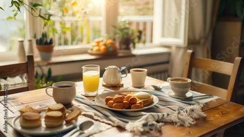 Inviting breakfast table with English muffins and tea.