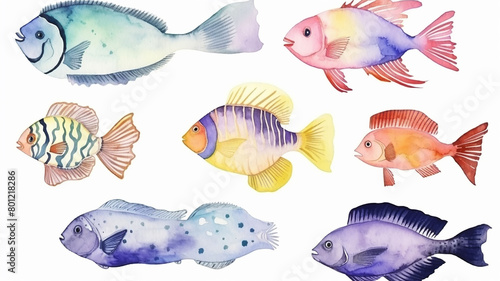 sea fish, collection, set, watercolor illustration isolated on a white background multicolored sea fish