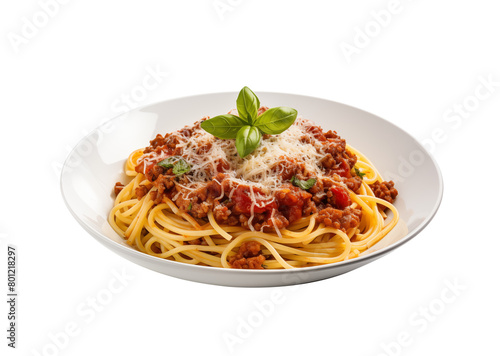 Delicious spaghetti Bolognese is appetizing, served on a white plate on a white background. Generative AI
