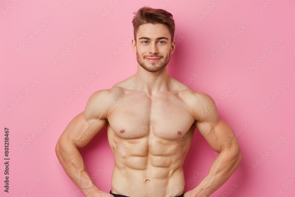 Fototapeta premium Muscular bodybuilder displaying defined abs on soft colored background with space for text