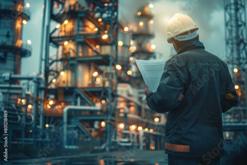 A chemical plant engineer standing at the industrial area.