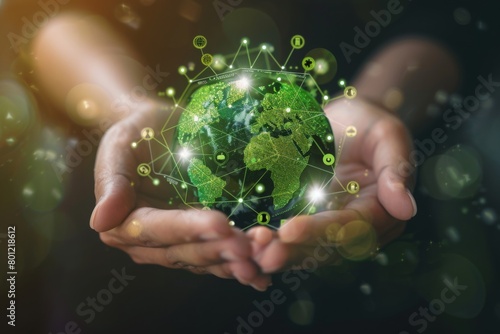 a person holding a green globe in their hands with icons around it,